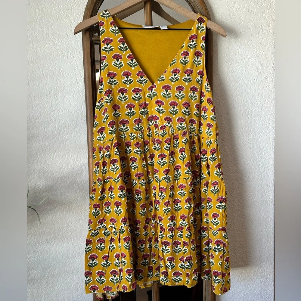 Sincerely Jules Mustard Floral Tiered Mini Dress L Boho Anthro Style Block Print - Picture 3 of 8